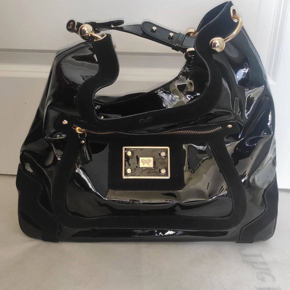 Anya Hindmarch Black Patent Leather Lautner Hobo